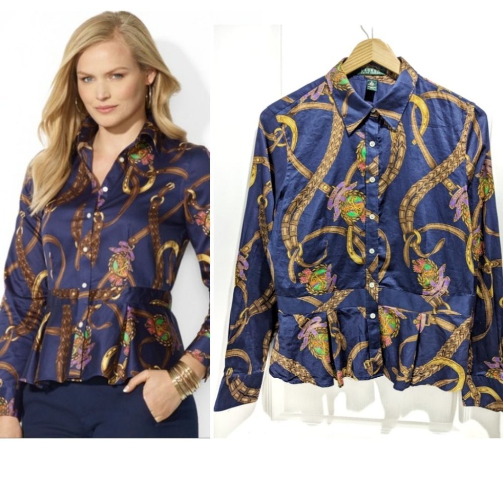 Lauren Ralph Lauren Blue Button Down Shirt with Gold and Purple Accents